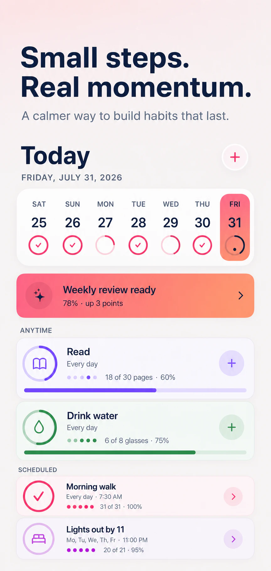 Small steps. Real momentum — Elegant Habits Today on iPhone