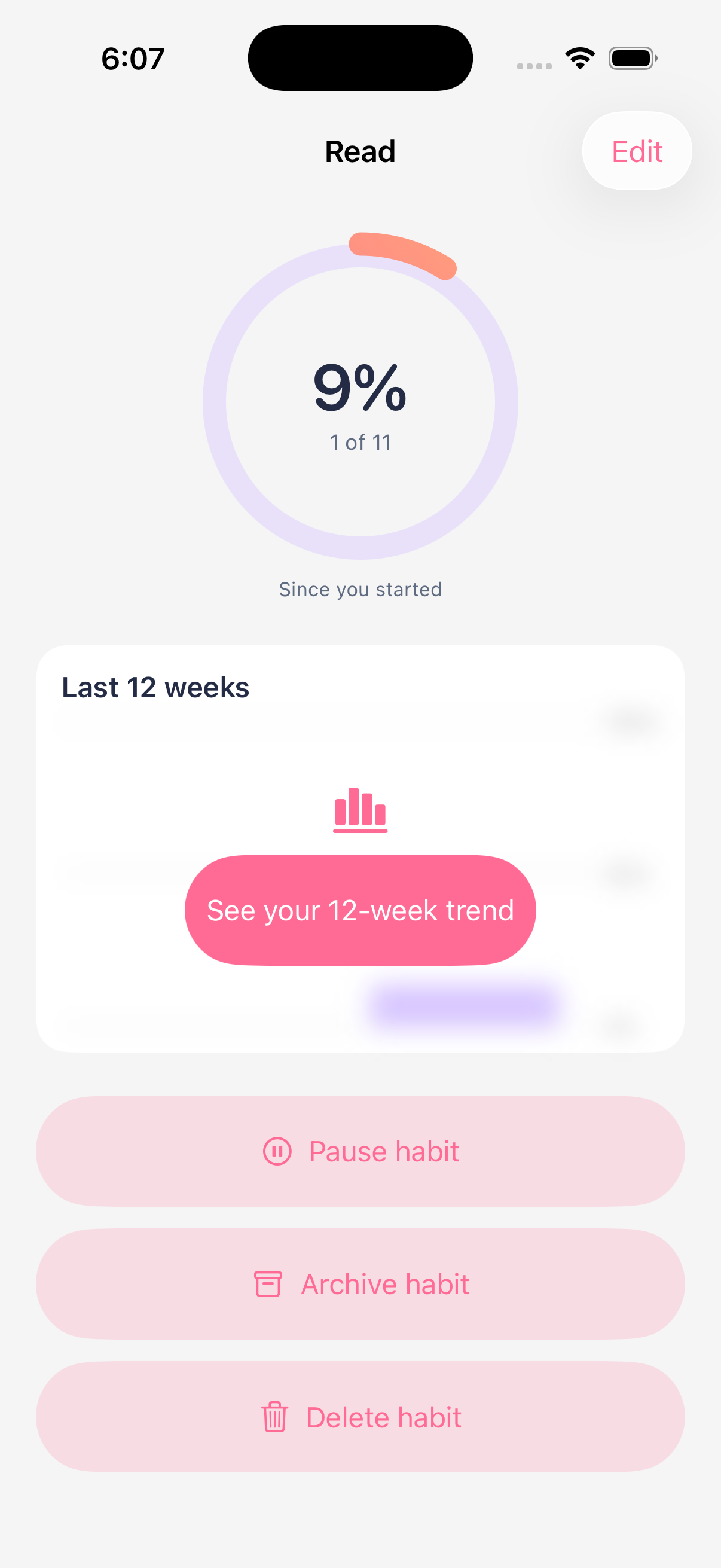 Habit detail screen with completion ring and history